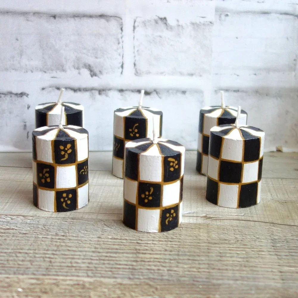 Courtly Whimsy Candle Black White Check Tall Tealight Candle Checked Votive - Picture 4 of 7